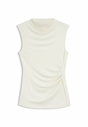 White sleeveless top with a cowl neck, draped texture, and gathered detail at the side, featuring a smooth, stretchy fabric.