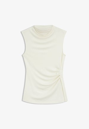 Weißes ärmelloses Top mit Wasserfallausschnitt, drapierter Textur und gerafftem Detail an der Seite, aus glattem, dehnbarem Stoff.