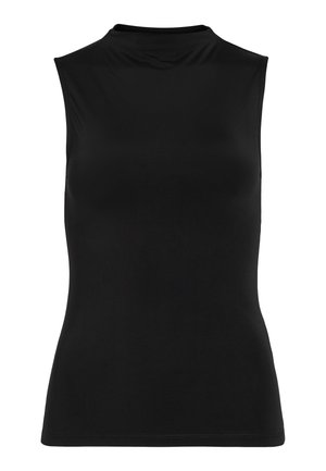 Top nero senza maniche realizzato in tessuto liscio. Collo alto e forma aderente con un design semplice. Nessun motivo o decorazione visibile.