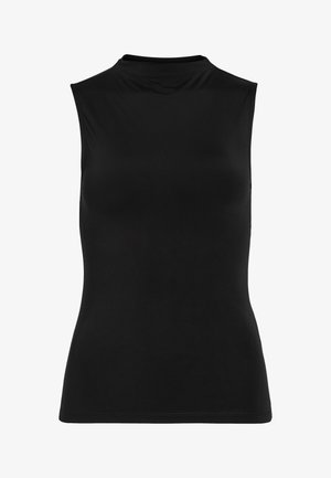 Svart ermeløs topp laget av glatt stoff. Høy hals og tettsittende fasong med et enkelt design. Ingen synlige mønstre eller pynt.