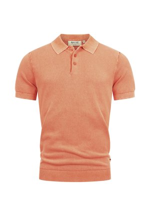Zalmkleurig poloshirt met korte mouwen, een gestructureerde brei, een knoopsluiting met drie knopen en geribbelde mouwen en zoom.