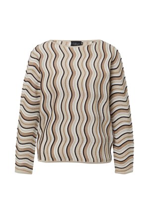 Beige trui met lange mouwen en golvende strepen in bruin, wit en crème, met een ronde halslijn en een textuur gebreid patroon.