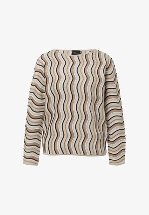 Ilgi piedurkņu beidžs džemperis ar viļņainām svītrām brūnā, baltā un krēma krāsā, ar apaļu kakla izgriezumu un teksturētu adījuma rakstu.