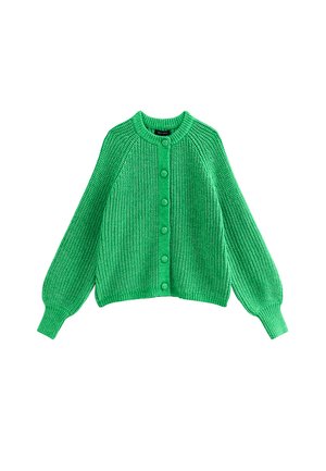 Green knitted cardigan with a round neckline, featuring long, voluminous sleeves and six front buttons, textured ribbed pattern throughout.
