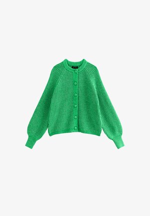 Groene gebreide cardigan met een ronde hals, met lange, volumineuze mouwen en zes knopen aan de voorkant, met een geribbeld, gestructureerd patroon over het hele kledingstuk.