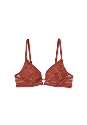 Lace bralette in rust color, featuring triangular cups, adjustable straps, and intricate floral pattern with scalloped edges and a center clasp.