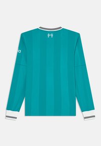 Maglia a maniche lunghe in teal con righe verticali, con colletto e polsini a righe bianche e nere. Logo stampato sulla manica sinistra.
