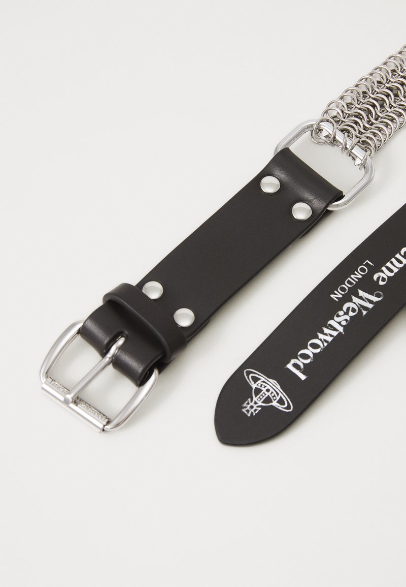 Black leather belt with silver hardware, featuring a buckle, metal accents, and a chain detail. Includes a label reading "Wesleywood London."