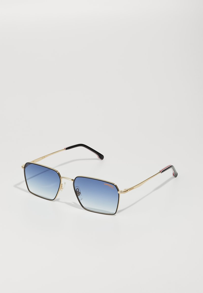 Square sunglasses with a gold metal frame, gradient blue lenses, and black tips on the temples. Features a logo on the left lens.