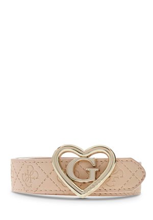 Cintura da designer rosa chiaro con motivo trapuntato e fibbia dorata a forma di cuore con una grande lettera G al centro.