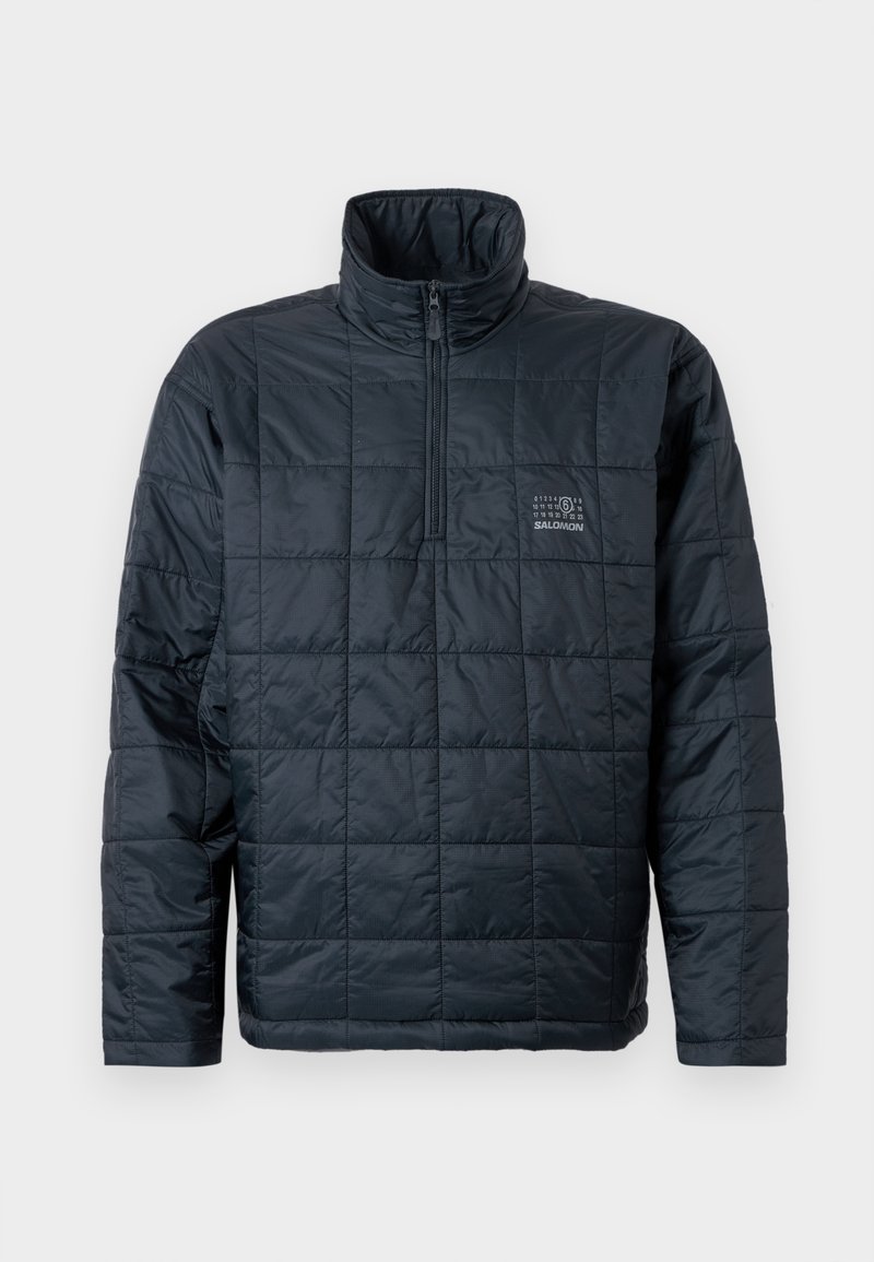 Padded pullover jacket in dark navy, featuring a high collar, quarter-zip front, and a small logo on the chest. Textured quilted design.