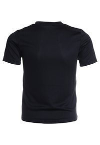 Camiseta deportiva negra de manga corta mostrada desde atrás, hecha de tela ligera y transpirable con cuello redondo.