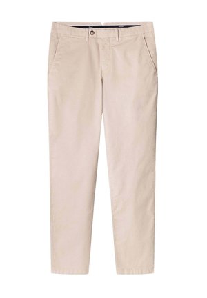 Chino in cotone beige con taglio dritto, dotati di tasche laterali e chiusura frontale con bottone. Texture liscia, design minimalista.