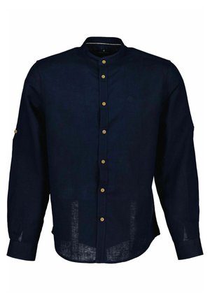Chemise bleu marine à manches longues avec boutons en bois, col mandarin et pattes boutonnées aux manches, en tissu léger.