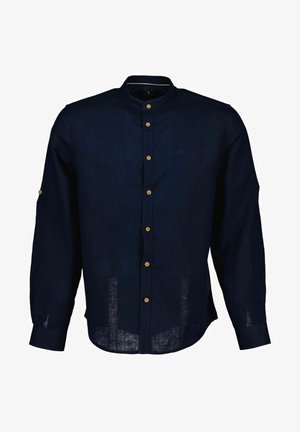 Camisa azul marino de manga larga con botones de madera, cuello mandarín y trabillas con botones en las mangas, confeccionada en tela ligera.