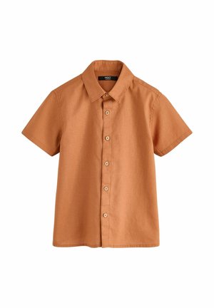 Kurzärmeliges Hemd in verbranntem Orange mit klassischem Kragen und hölzernen Knöpfen vorne.