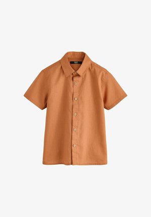 Kurzärmeliges Hemd in verbranntem Orange mit klassischem Kragen und hölzernen Knöpfen vorne.