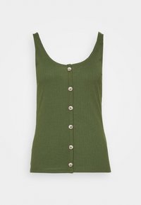 Top in cotone verde oliva a coste con scollatura a barchetta, dotato di una fila di bottoni metallici sul davanti e una silhouette aderente.