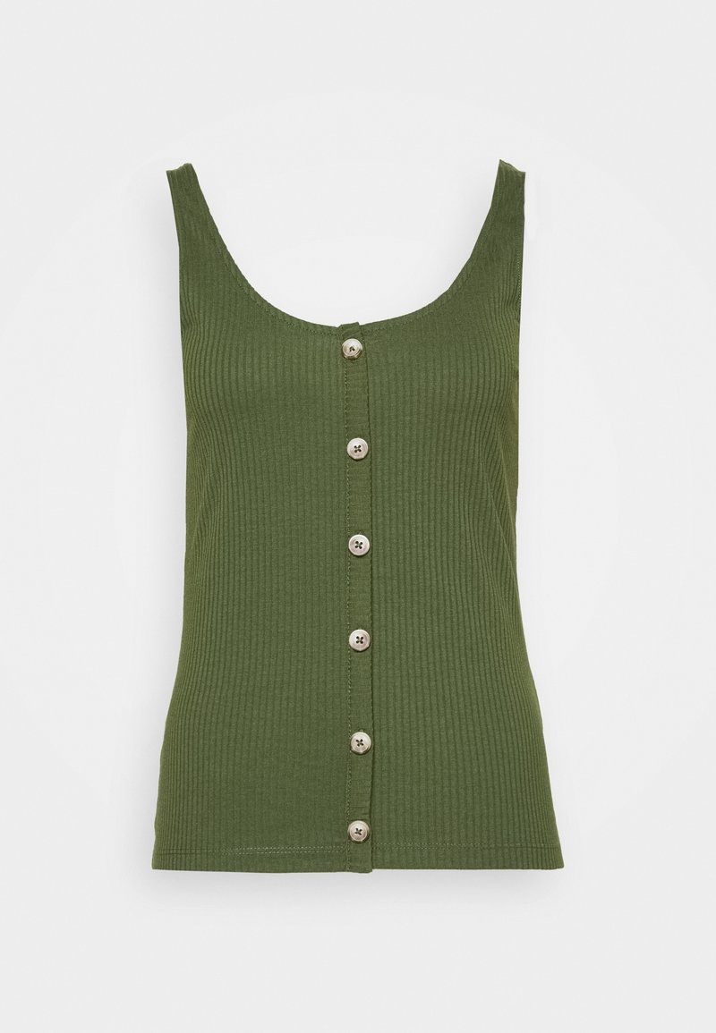 Top in cotone verde oliva a coste con scollatura a barchetta, dotato di una fila di bottoni metallici sul davanti e una silhouette aderente.