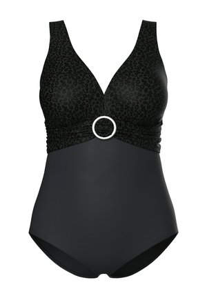 Schwarzer Einteiler-Badeanzug mit Leopardenmuster am Oberteil, tiefem V-Ausschnitt, breiten Trägern und silbernem Ringdetail unter der Brust.