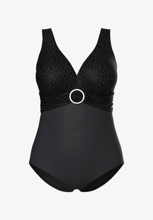 Bañador negro de una pieza con parte superior de estampado de leopardo, escote profundo en V, tirantes anchos y detalle de aro plateado debajo del busto.