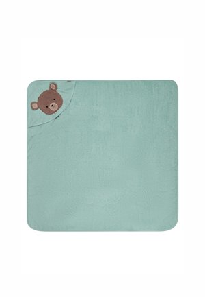 Morbido asciugamano azzurro chiaro per neonato con volto di orso marrone ricamato sull'angolo con cappuccio.