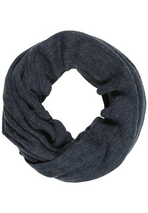 Écharpe infinie tricotée gris foncé, pliée en forme circulaire, tissu texturé et doux.