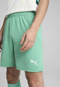 Bermudas deportivas verdes con un acabado texturizado, que cuentan con una cinturilla elástica y un logo blanco de Puma en la parte inferior de la pierna izquierda.