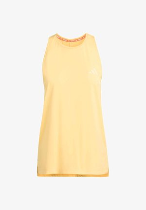 Hellgelbes ärmelloses Tanktop mit rundem Ausschnitt, das einen orangenen Akzent am Kragen und ein dezentes Logo auf der linken Seite aufweist.