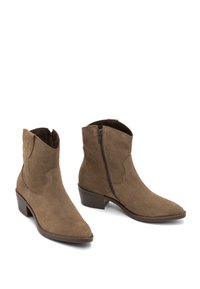Brown suede ankle boots with a pointed toe and a side zipper. Features a stacked heel and decorative stitching along the upper.