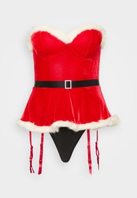 Rød fløjl korselet-top med hvid faux pelskant, sort bælte med perle-spænde og justerbare røde strømpebånd.