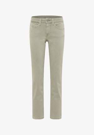 Light green denim jeans with a slim fit, five-pocket design, and subtle stitching. Features a classic button closure and belt loops.