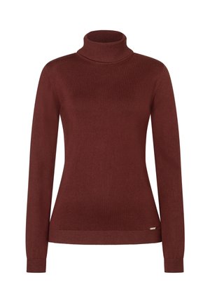 Brun langærmet rullekravesweater med ribstrikket krave, manchetter og kant, med et lille metallisk mærke nær den nederste kant på højre side.