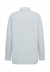 Light blue and white striped long-sleeve shirt with a button-down collar, featuring a straight hem and buttoned cuffs.