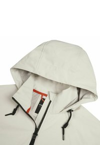 Hellgraue Kapuzenjacke mit Frontreißverschluss, Kordelzugkapuze und orangen Akzenten im Inneren. Glatte Textur, legeres Design und keine sichtbaren Muster.