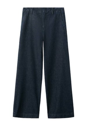 Wide-leg, dark denim trousers with a smooth texture. Features front pockets and a classic waistband design. No visible fasteners.