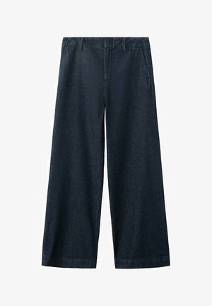 Wide-leg, dark denim trousers with a smooth texture. Features front pockets and a classic waistband design. No visible fasteners.