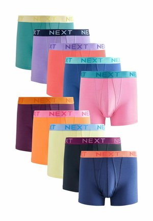 Zehn Paare Boxershorts in verschiedenen einfarbigen Designs, mit elastischen Bund aus "NEXT"-Marke. Material ist eine weiche, dehnbare Baumwollmischung.