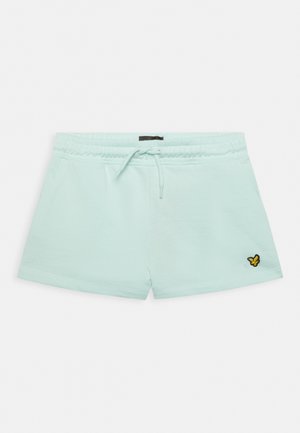 Bermudas verde menta claras feitas de algodão macio, apresentando uma cintura elástica com cordão e um pequeno logótipo de borboleta amarela de lado.