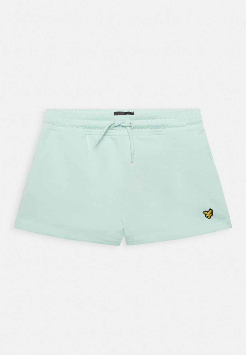 Bermudas verde menta claras feitas de algodão macio, apresentando uma cintura elástica com cordão e um pequeno logótipo de borboleta amarela de lado.