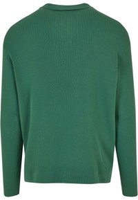 Grüner gerippter Strickpullover mit Rundhalsausschnitt und langen Ärmeln. Glatte Textur mit passformbetontem Design, das durchgehend Rippstrick aufweist.