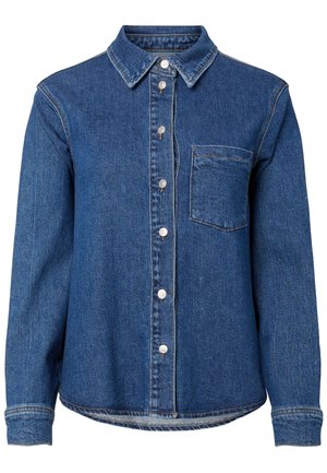 Cămașă albastră din denim cu mâneci lungi, nasturi în față, un buzunar la piept pe partea stângă și un guler clasic.
