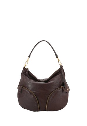Dark brown leather handbag with a single strap, two front zip pockets, and gold-tone zipper details.