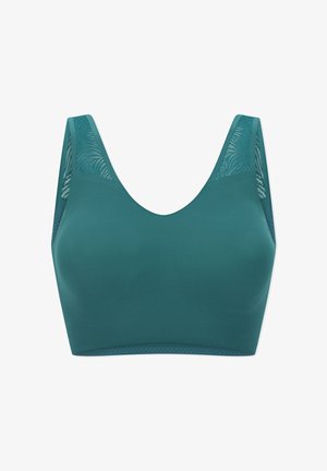 Bezszwowy turkusowy biustonosz z szerokimi ramiączkami i siateczkowymi detalami na górnej części ramiączek oraz z tyłu, zaprojektowany dla komfortu i wsparcia.