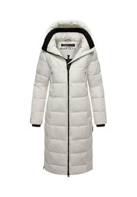 Cappotto invernale imbottito di colore grigio chiaro con zip frontale, cappuccio, dettagli neri e maniche lunghe. Presenta una texture trapuntata e tasche laterali.