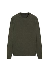 Zelený pletený svetr s kulatým výstřhem, dlouhými rukávy a žebrovanými lemy. Vyrobeno z měkkého materiálu s hladkou strukturou, bez viditelných vzorů.