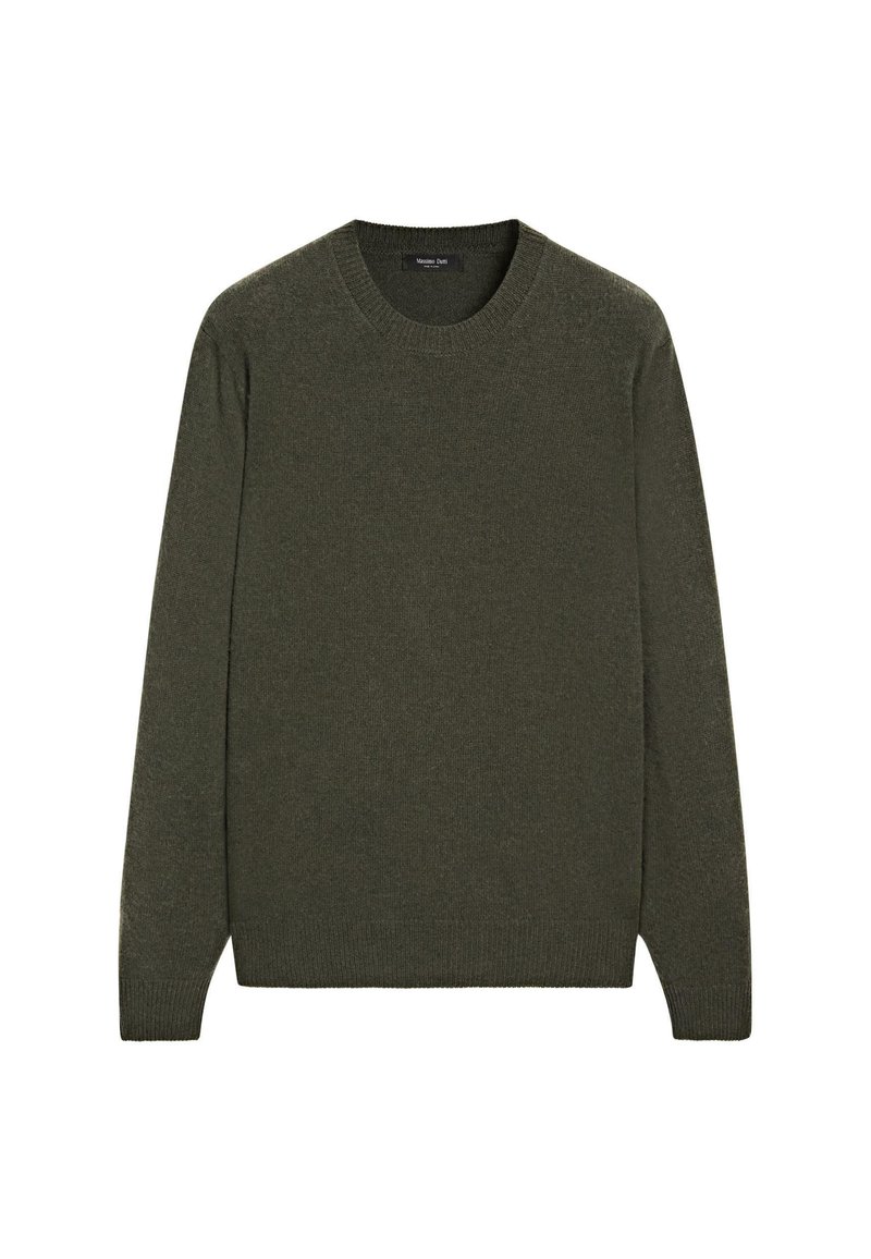Grüner, gestrickter Pullover mit Rundhalsausschnitt, langen Ärmeln und gerippten Säumen. Hergestellt aus weichem Material mit glatter Textur, ohne sichtbare Muster.
