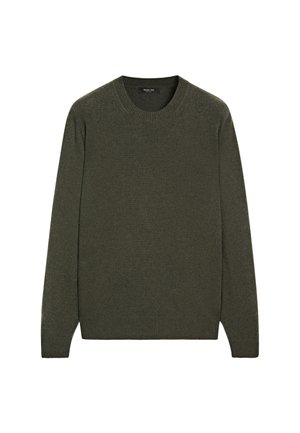 Groene gebreide trui met een ronde hals, lange mouwen en geribbelde zomen. Gemaakt van zachte materialen met een gladde textuur, zonder zichtbare patronen.