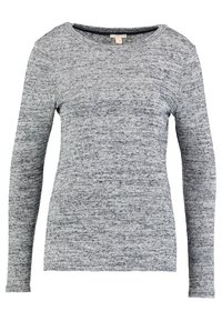 Šedý dlouhý rukáv top vyrobený z texturované pleteniny, s kulatým výstřihem a jemnými barevnými variacemi v celém materiálu.