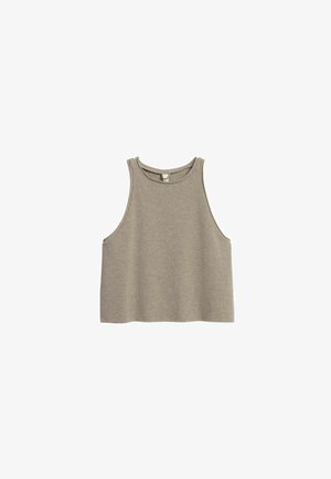 Grijs kortgesneden tanktop gemaakt van geribd stof. Heeft een ronde halslijn en brede armsgaten voor een ontspannen pasvorm. Geen zichtbare sluitingen.